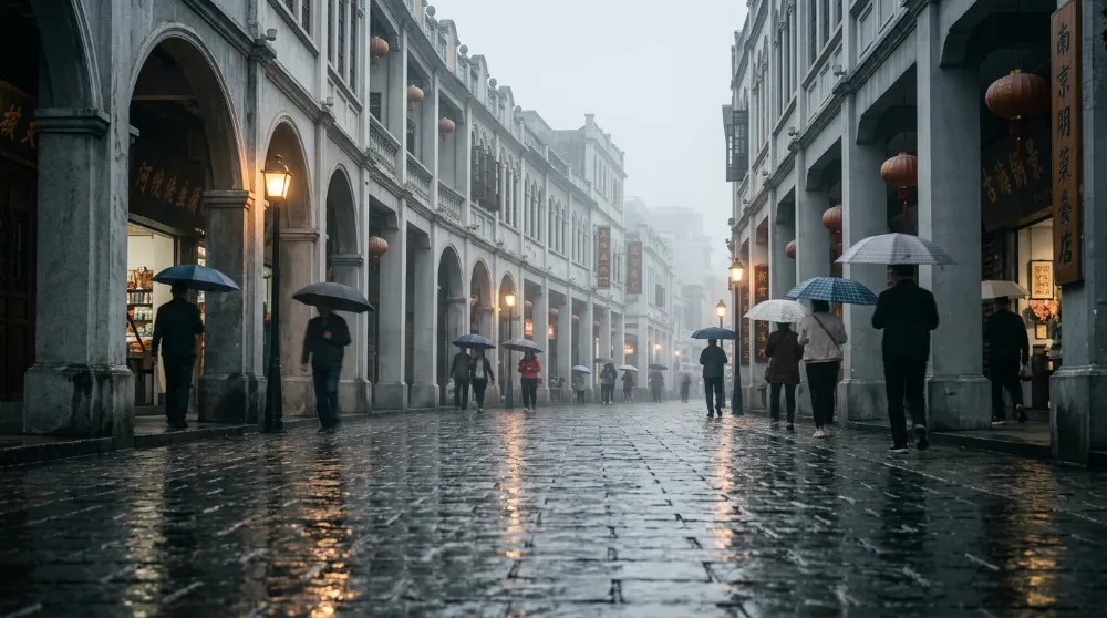 廣州春季天氣與傳統騎樓微雨街景